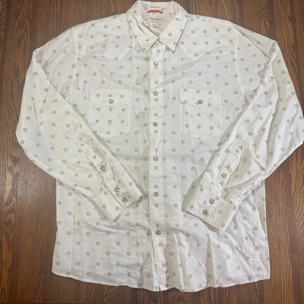 American Eagle White Green Floral Print Button Down Vintage Slim Fit Men XL
